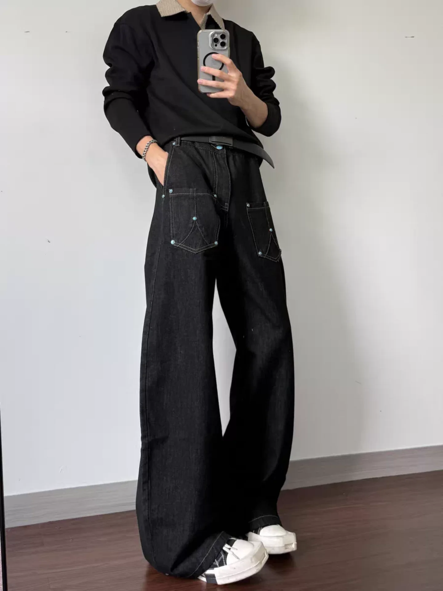 Trendy Black Original Color Denim Knife Pants Men's American Retro Silhouette Collision Nail Pocket Wide Leg Draped Long Pants