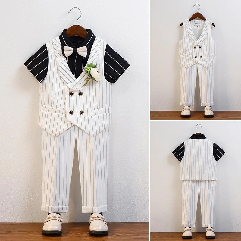 

Boys Summer White Breathable 1Year Birthday Dress Kids Vest Shirt Pants Bowtie Photography Suit Children Performance Costume