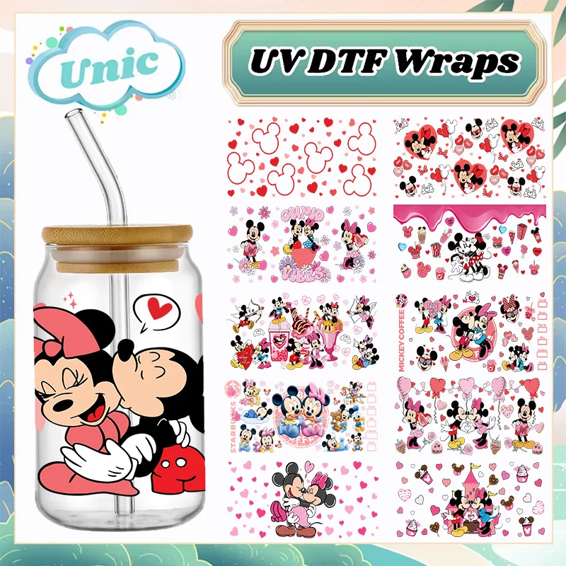 Disney Mickey Stitch Transfer Sticker 16OZ UV DTF Cup Wrap Valentine's Day For 16oz Libbey Glass Can DIY Waterproof Cup Stickers