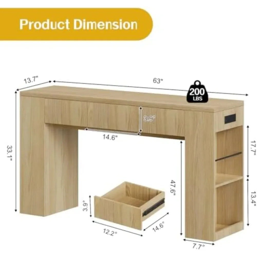 Entryway Table with 3 Drawers & Charging Station, 63" Console Table | with LED Lights, Side storage Shelves, Vintage image 2