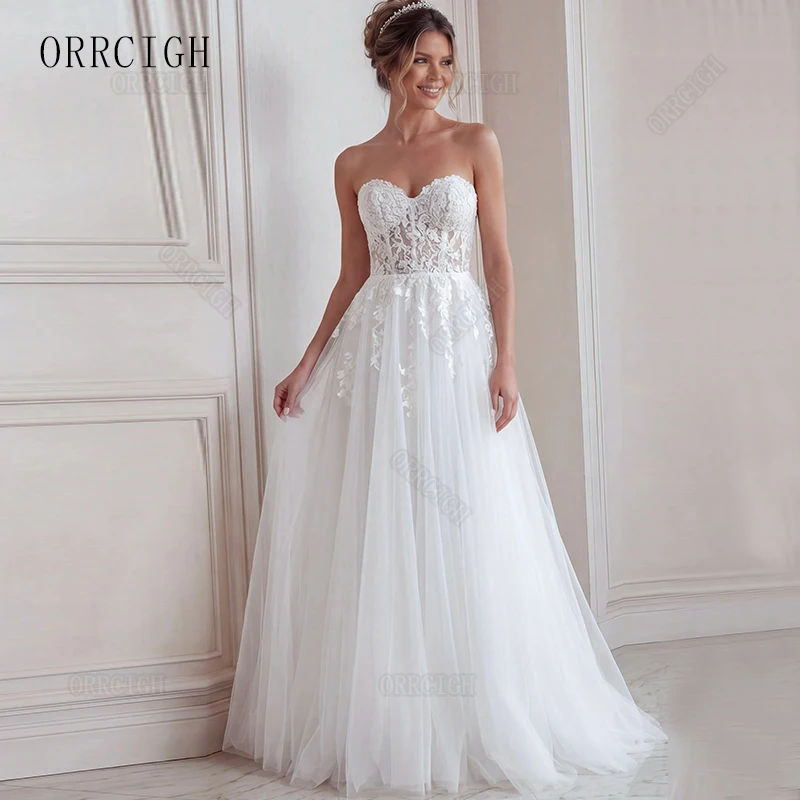Vintage Strapless Tulle Wedding Dresses 2026 Lace Applique Bride Dress A Line Floor Length Zipper Bridal Gown Customizable