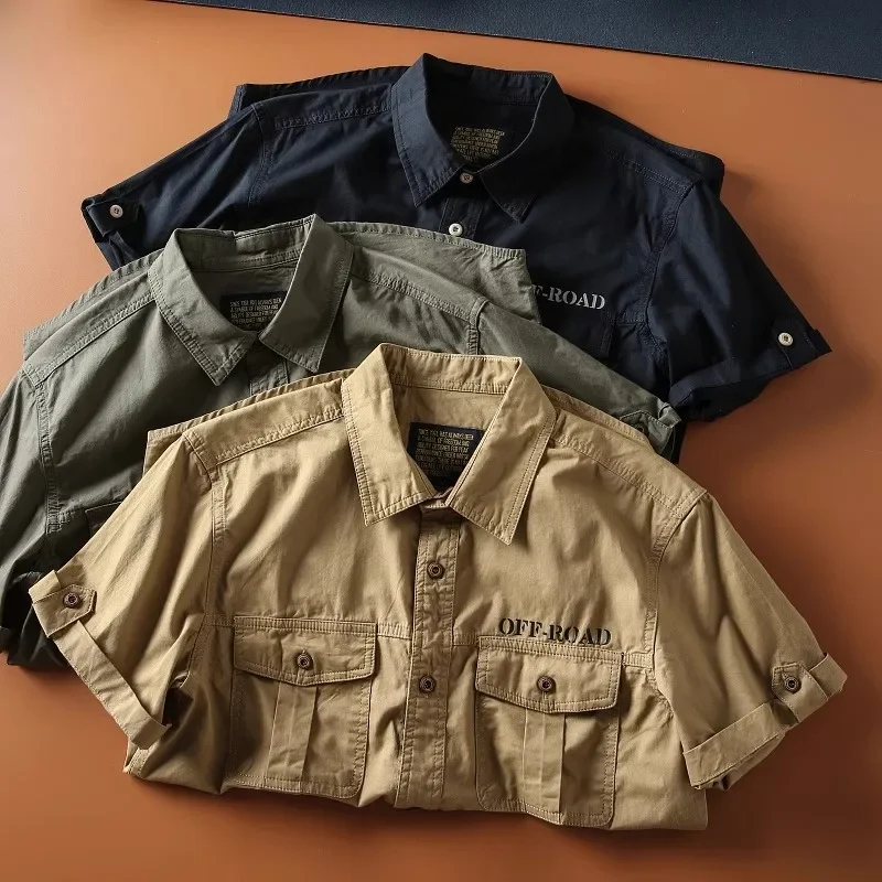 American Retro Multifunctional Multi Pocket Workwear Shirt for Men Washed Casual Shirt Suitable for Outdoor Sports and Hiking