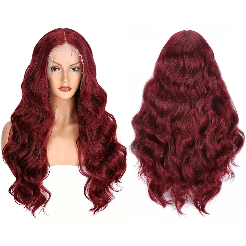 

13×4 HD Lace Front Wig Wine Red Body Wave Wig Glueless Natural Looking Soft Heat Friendly Synthetic Hair For Women Daily Wear