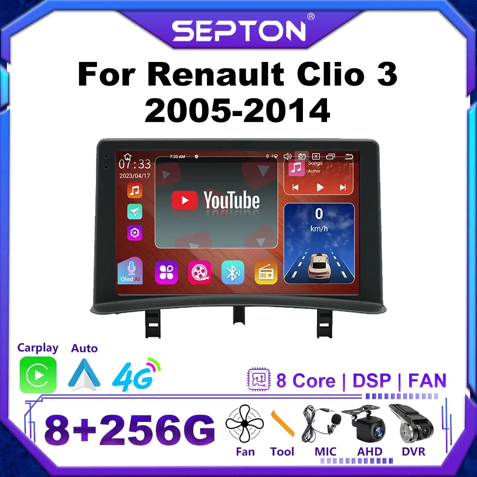 SEPTON 8+128G Car Radio for Renault Clio 3 2005-2014 Wireless Carplay 8Core WIFI  Auto Smart Systems Car Radio Multimedia Player