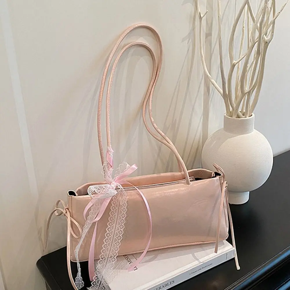 

Trendy Multicolor Shoulder Bag Bowknot PU Leather Underarm Bag with Lace Ribbon Large Capacity Versatile Commuting Bag Travel