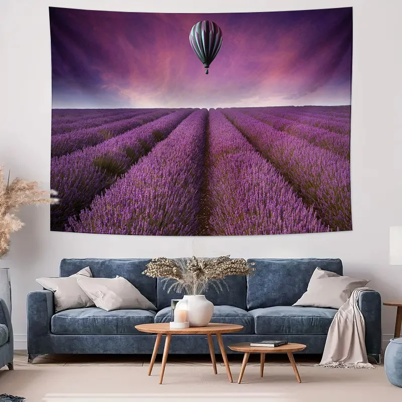 Hot Air Balloon over Purple Lavender Field Wall Tapestry Machine Washable All Season Decor Print Home Durable materials