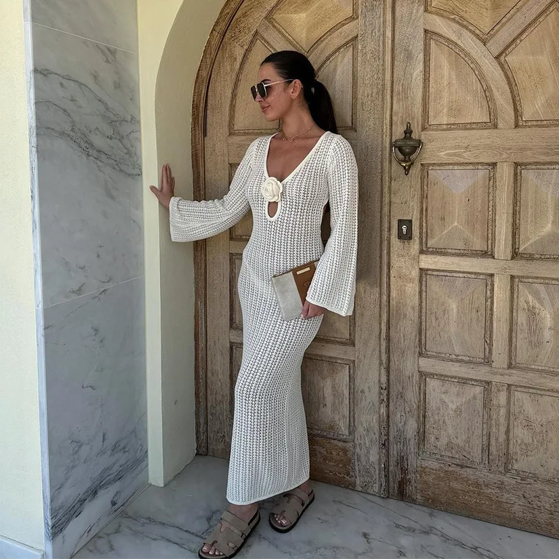 فستان مثير نحيف بلون سادة موضة الصيف عادية مريحة منتجع الشاطئ فساتين طويلة الأكمام بلوفر مغزول ملابس امرأة