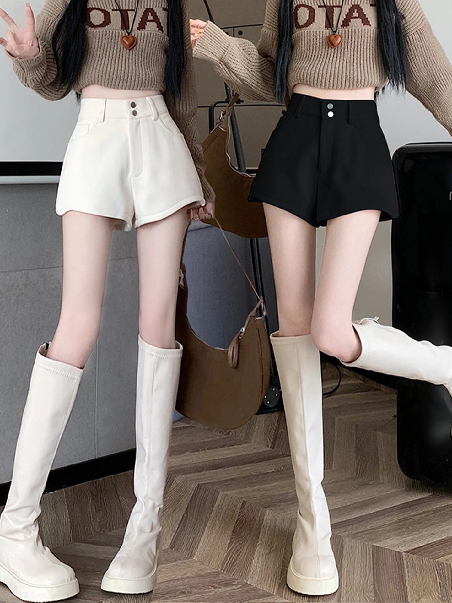 

Женские твидовые шорты с высокой талией, осенне-зимние, новые, белые, А-силуэт, широкие штанины, удобные для ношения с ботинками, повседневные брюки