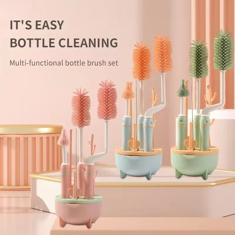 

4Pcs Silicone Baby Bottle Brush Long Handle Cleaning Set 360 Degree Rotating Cleaner Nipple Brush Set Feeding Bottles Cleaner