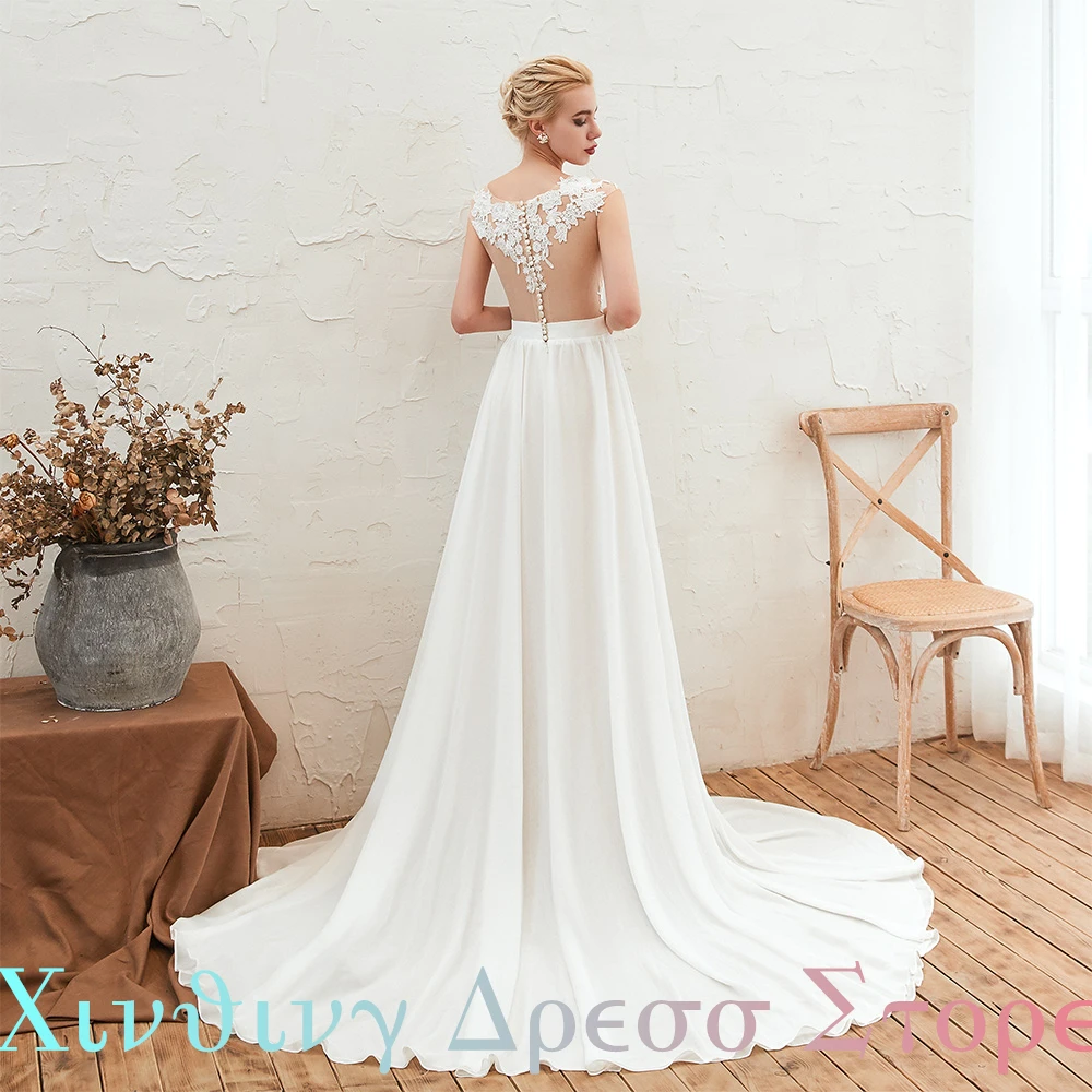 Fashion Buttons Back Lace Appliques Chiffon Wedding Dresses Sexy Side Slit Sleeveless Scoop Sweep Train Custom Size for Ladies