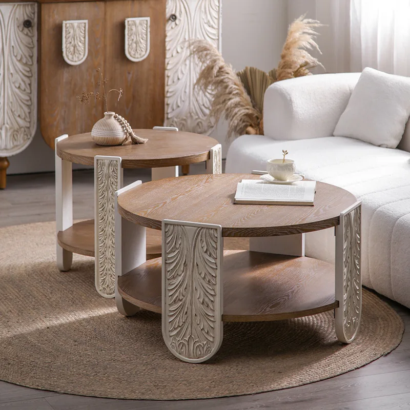 

European Retro Carved Wood Coffee Table, Round Side Table, Living Room Decor, Ash Veneer, Knot-Free Pine, Double-Layer Storage