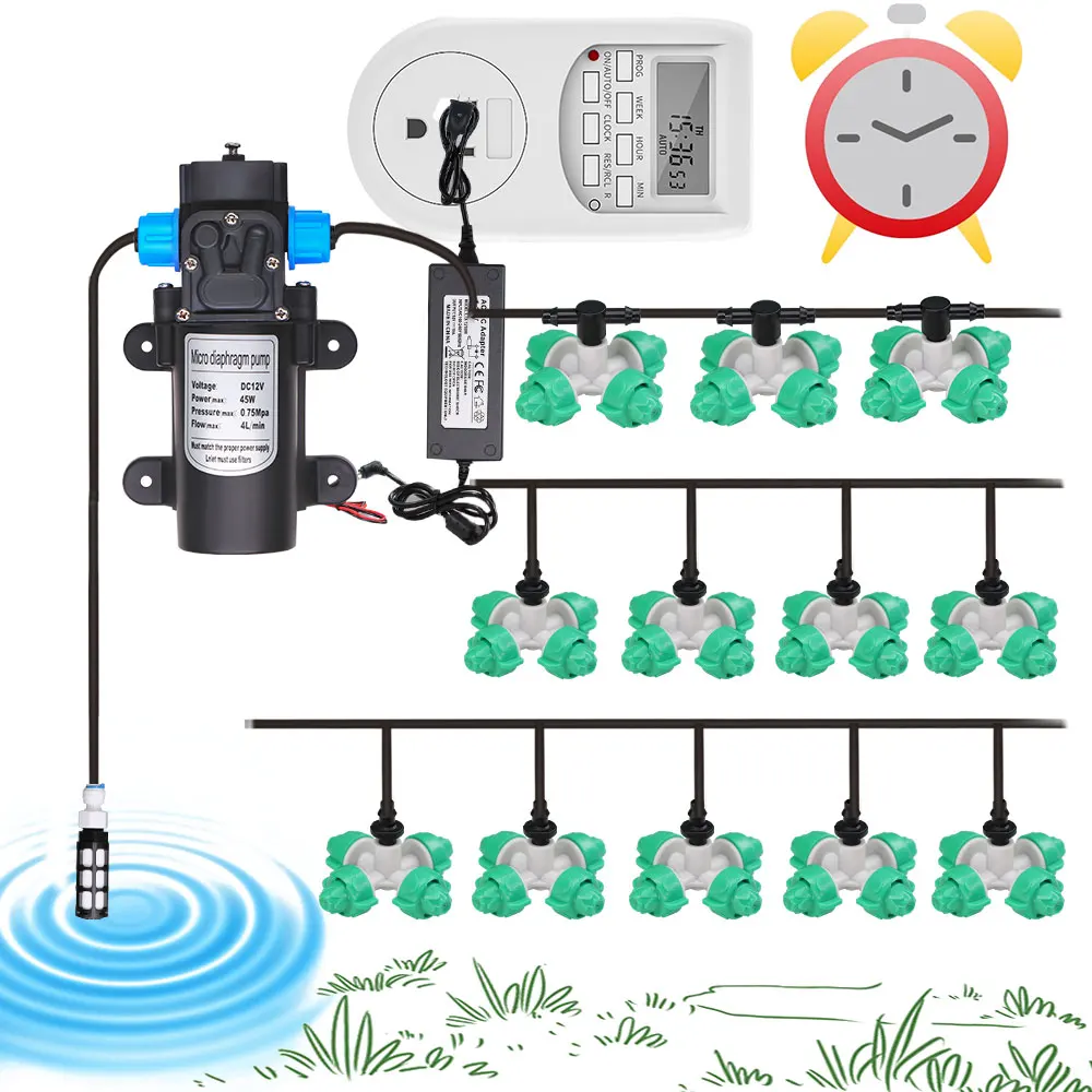 60W Self-Priming Pump Drip Watering System 5-30M Cross Fine Sprayer Kits for Courtyard Greenhouse Automatic Irrigation Equipment