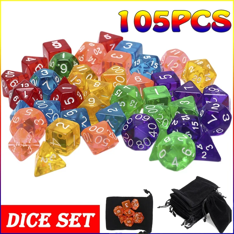 105/70/49/35/21/7Pcs DND Dice Set with Pouch D4-D20 Transparent Polyhedral Effect for DND RPG Role Playing Table Board Games