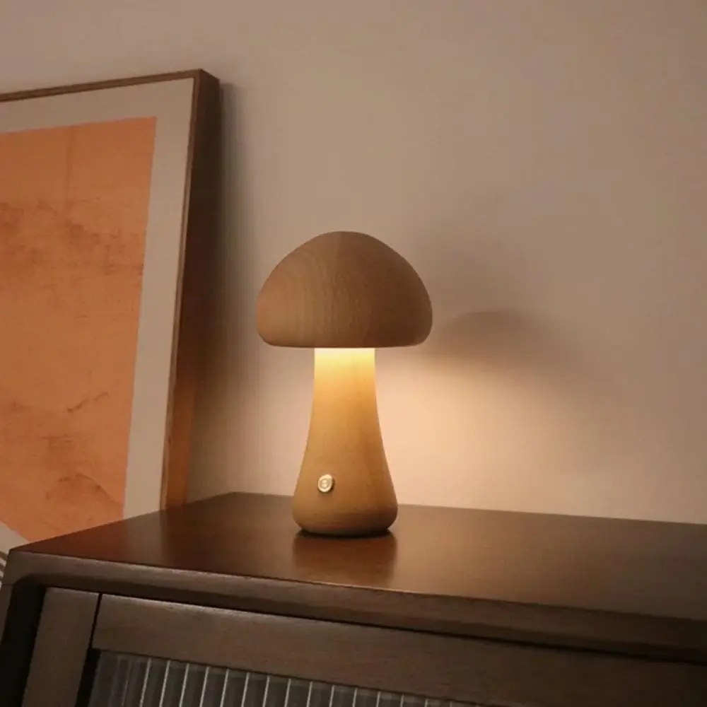 Wooden Mushroom Night Light com Touch Switch, Lâmpadas para dormir para o quarto, Sala de madeira