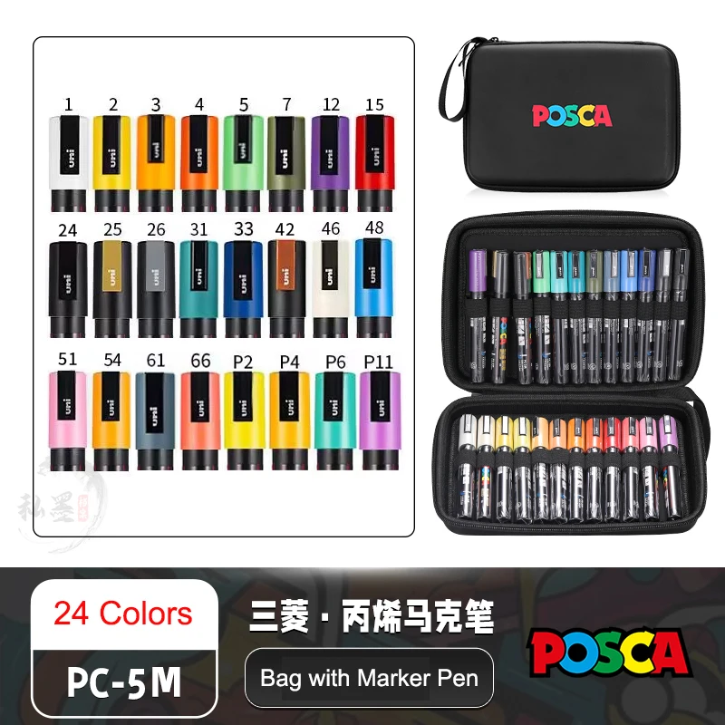Uni Posca 24/36 Kleuren Markers, Acryl Schilderij Pen met Posca Opbergtas Japanse Briefpapier Kunstbenodigdheden voor Schilderen Graffiti
