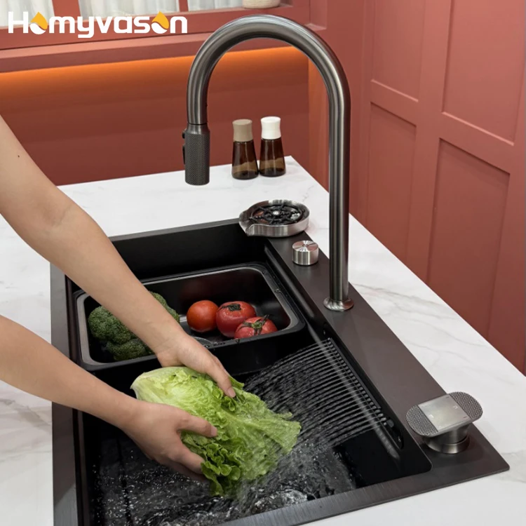 Multifunction Smart 304 Stainless Steel Kitchen Sink Faucet Waterfall Handmade Modern Single-Slot Kitchen Sink