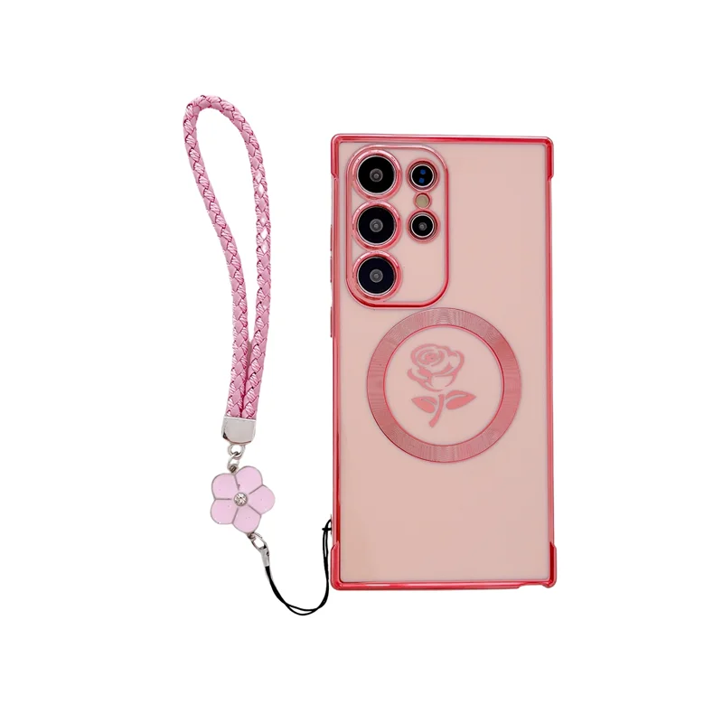 

Plating Soft TPU Rose Case For Samsung Galaxy S21 S22 S23 S24 S25 Ultra Plus FE For Magsafe With lanyard Shockproof Protect Case