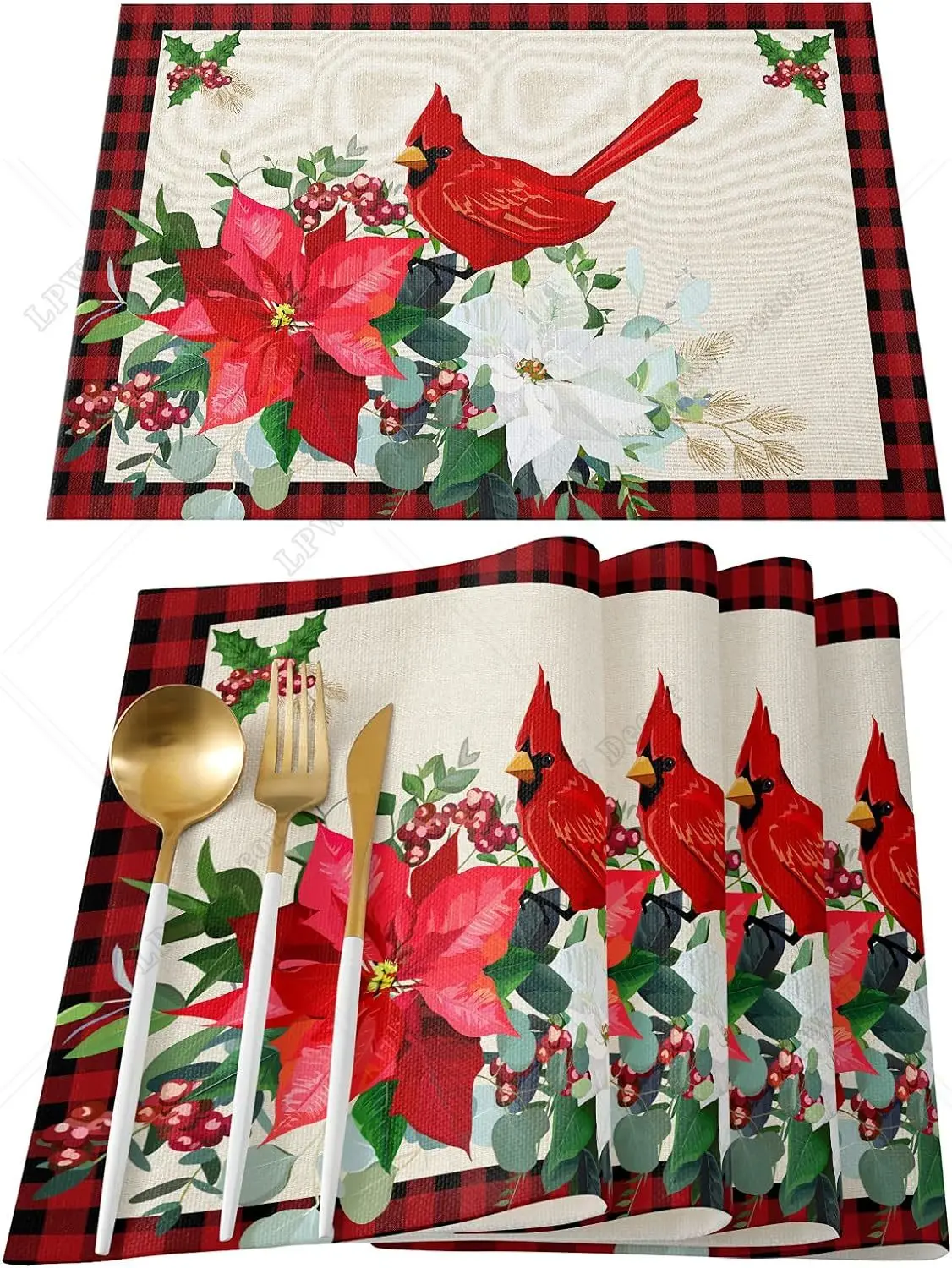 Cardinal Red Bird Holly Berry Branches Snow Welcome Winter Holiday Placemat Washable Place mats Indoor Christmas Decorations