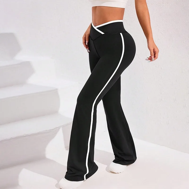 

​ ​ Расклешенные брюки для йоги с боковой полоской, женские брюки с перекрестной талией и высокой посадкой, подтягивающие ягодицы, широкие брюки, уличная облегающая, впитывающая влагу спортивная одежда ​ ​