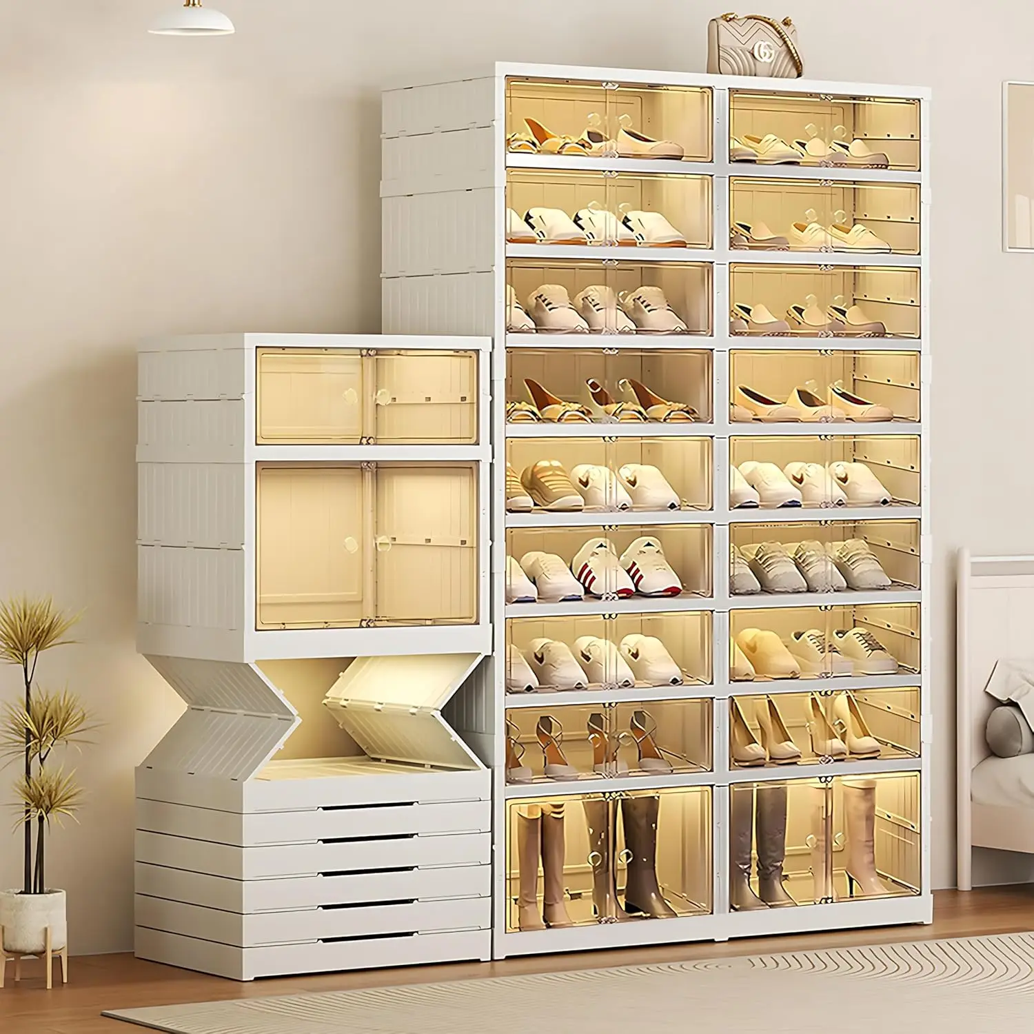 9-Tier Foldable Shoe Rack Organizer for Closet with Wheels, 36-40 Pairs Collapsible Shoe Storage Cabinet with Lids。