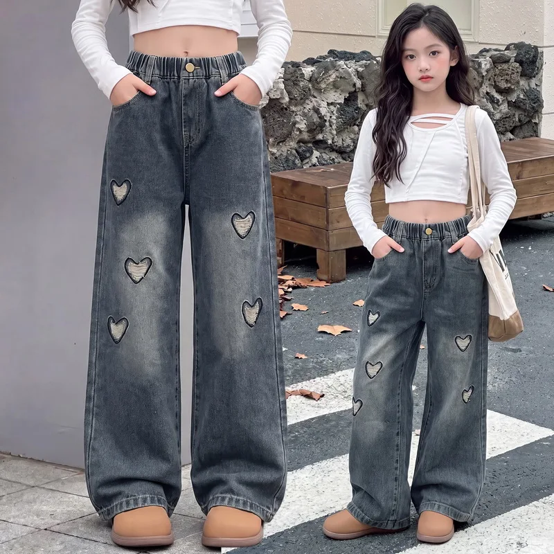 Wide Leg Jeans with Ripped Hearts for Girls Spring Autumn Child Loose Vintage Straight Denim Pants Fashion Teenage Kids Trousers