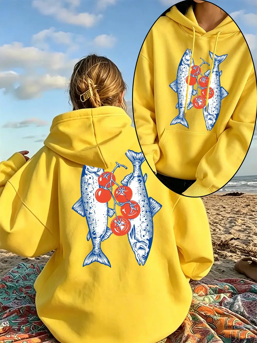 Funny Tomato Fish Design Women'S Hoodies Y2K Loose Autumn Pullovers Pocket Fleece Streetwear Casual Multicolor Female Hoody