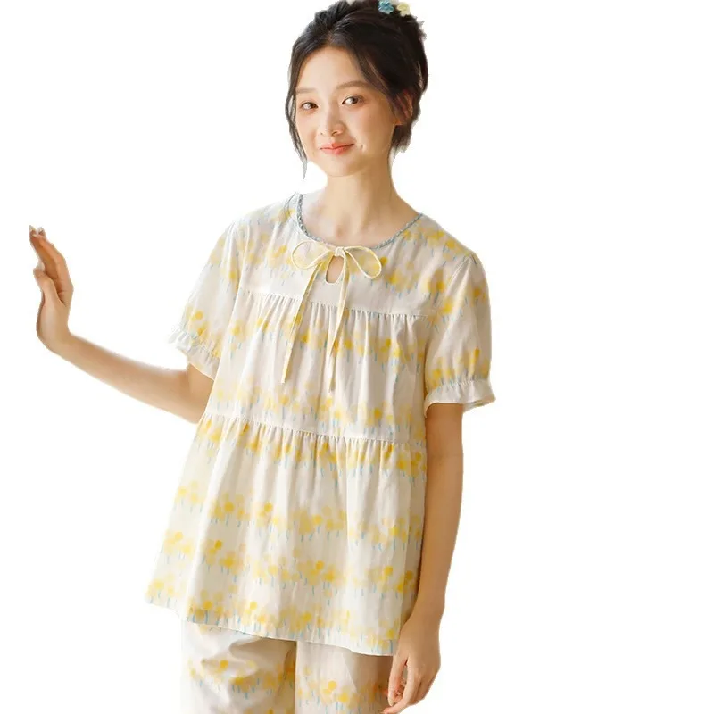 طقم بيجامة نسائي صيفي من القطن برقبة دائرية وأكمام قصيرة مع بنطلون حلو برباط لملابس مريحة