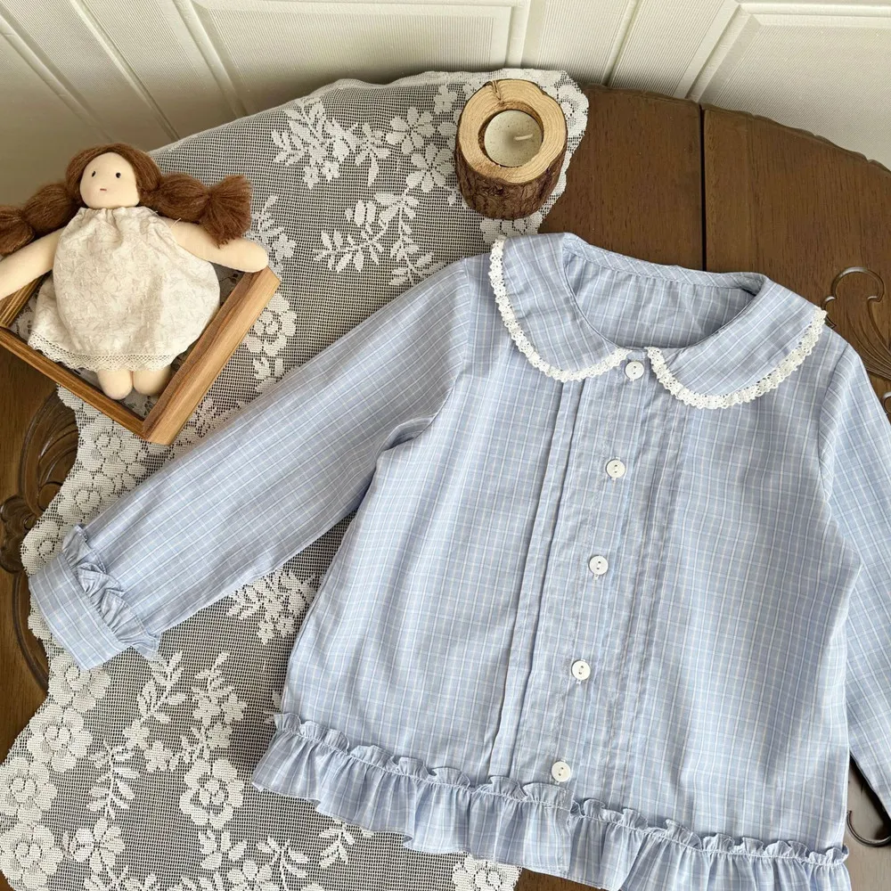 

Весенняя одежда для малышей, детская одежда для девочек, рубашки для девочек с воротником Питер Пэн, чисто белый и синий клетчатый узор, топ с длинными рукавами