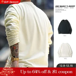 Maden Basic Long Sleeve Cotton T-shirt for Men Beige Round Collar Bottom Shirts Spring and Autumn Inner Sweatshirt Men's T-shirt