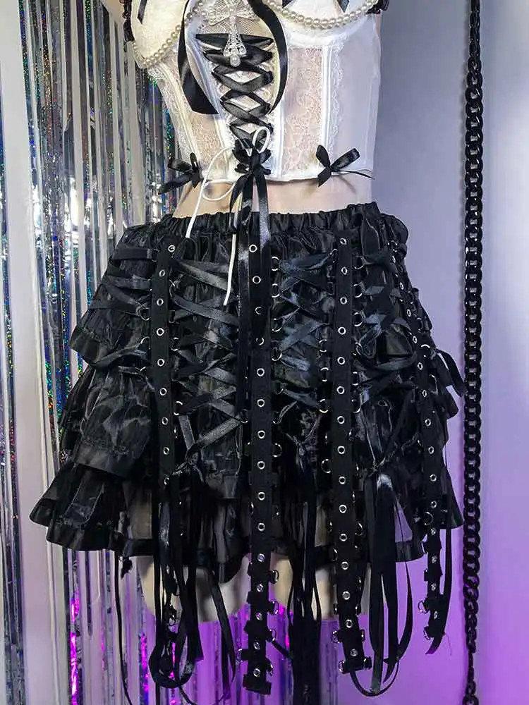 Kawaii Punk Rock DIY jaren '90 Goth E-Girls Gothic Rokken Lace-up Grunge Harajuku Emo Tiener Handgemaakte Eco Club Wear Y2K TOPS