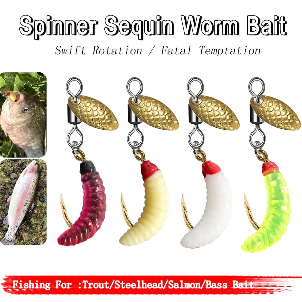 5Pcs/10Pcs Spinner Sequin Worm Bait Flies Fishing Lure Hook For Trout/Steelhead/Salmon/Bass