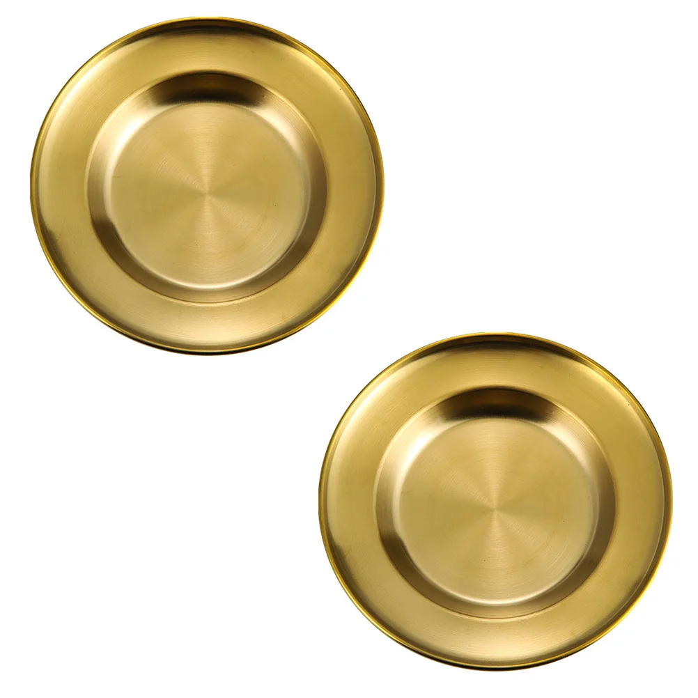 

2Pcs Stainless Steel Plates Golden Round Dish for Food Storage Dessert Fruit Snack Serving Tray Kitchen Supplies Party Camping