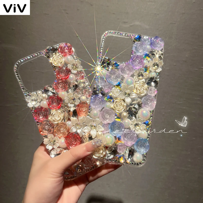 

Bling Diamond Rose Flower Case For iPhone 16pro 16plus 15plus 11 12 13 14 Pro Max 14Plus XS XR Luxury Crystal Rhinestone Glitter