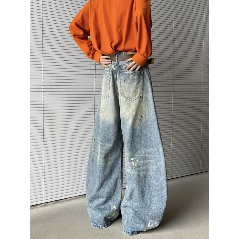 High Street Ink Splash Dirty Dye Distressed Design Scimitar Jeans for Men American Style Straight Loose Casual Long Pants