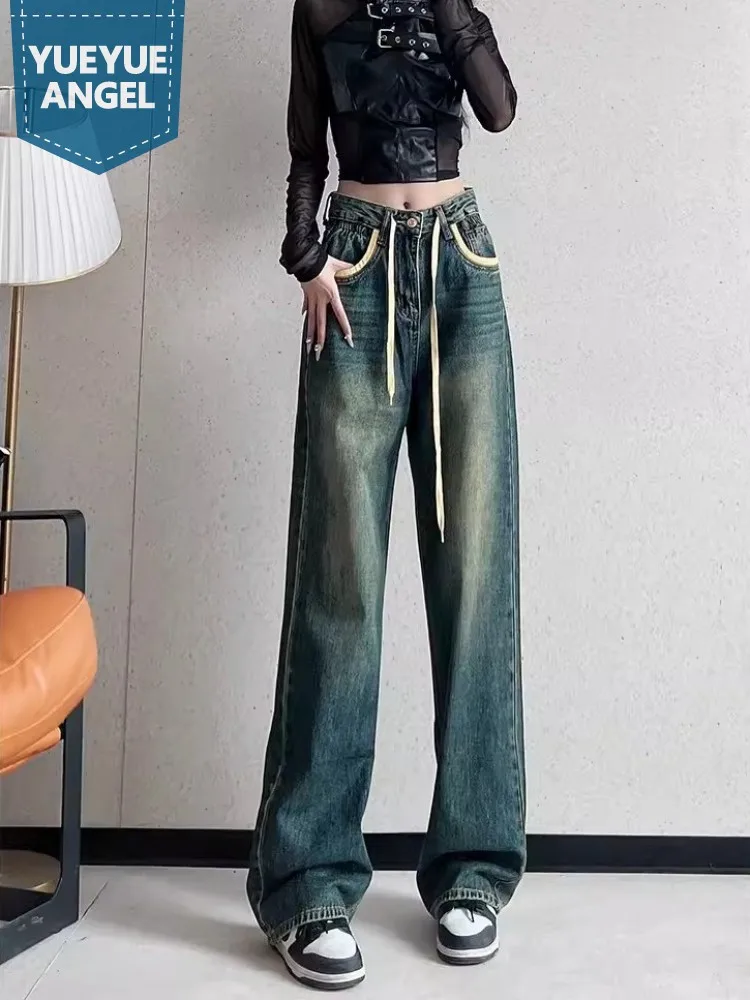 Vintage Women High Waist Denim Pants Drawstring Straight Loose Fit Hip Hop Casual Jeans High Street Spring New Female Trousers