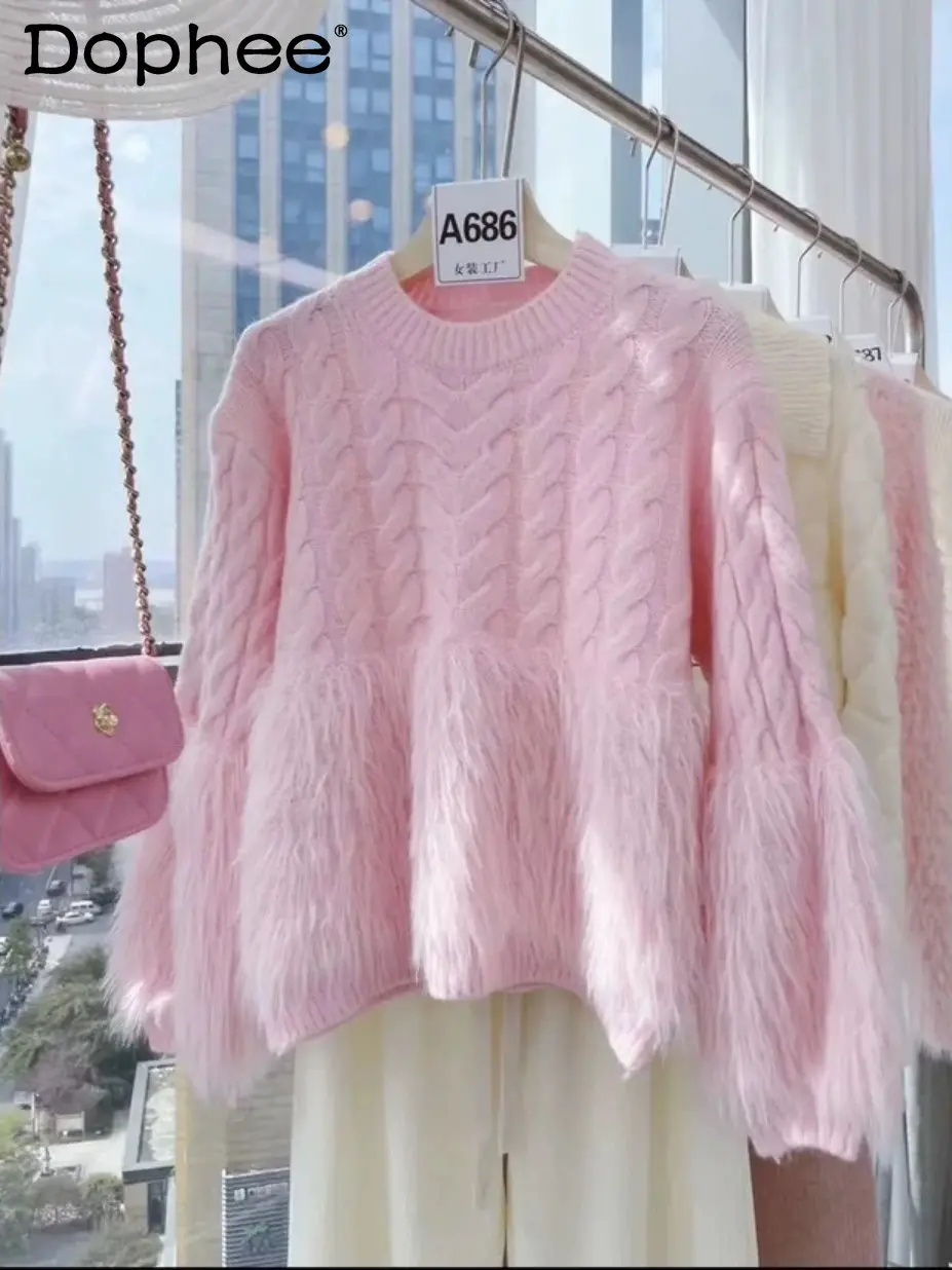 

High-End Chic Soft Glutinous White Hemp Pattern Knitwear Jumper Round Neck Long-Sleeve Pink Plush Sweater Autumn Winter Sweaters