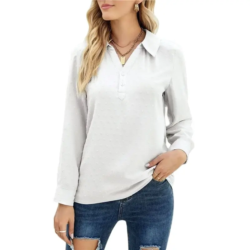 

NEW-Women's Casual Long Sleeve Henley V-Neck Button Up Pleated Back Blouses Dot Blouse Tops