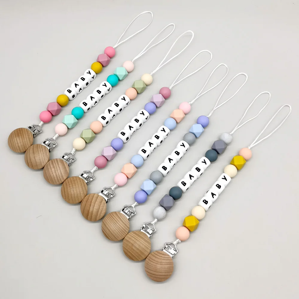 Personalized Name Baby Pacifier Clips Silicone Beads Candy Color Dummy Nipples Holder Newborn Accessories