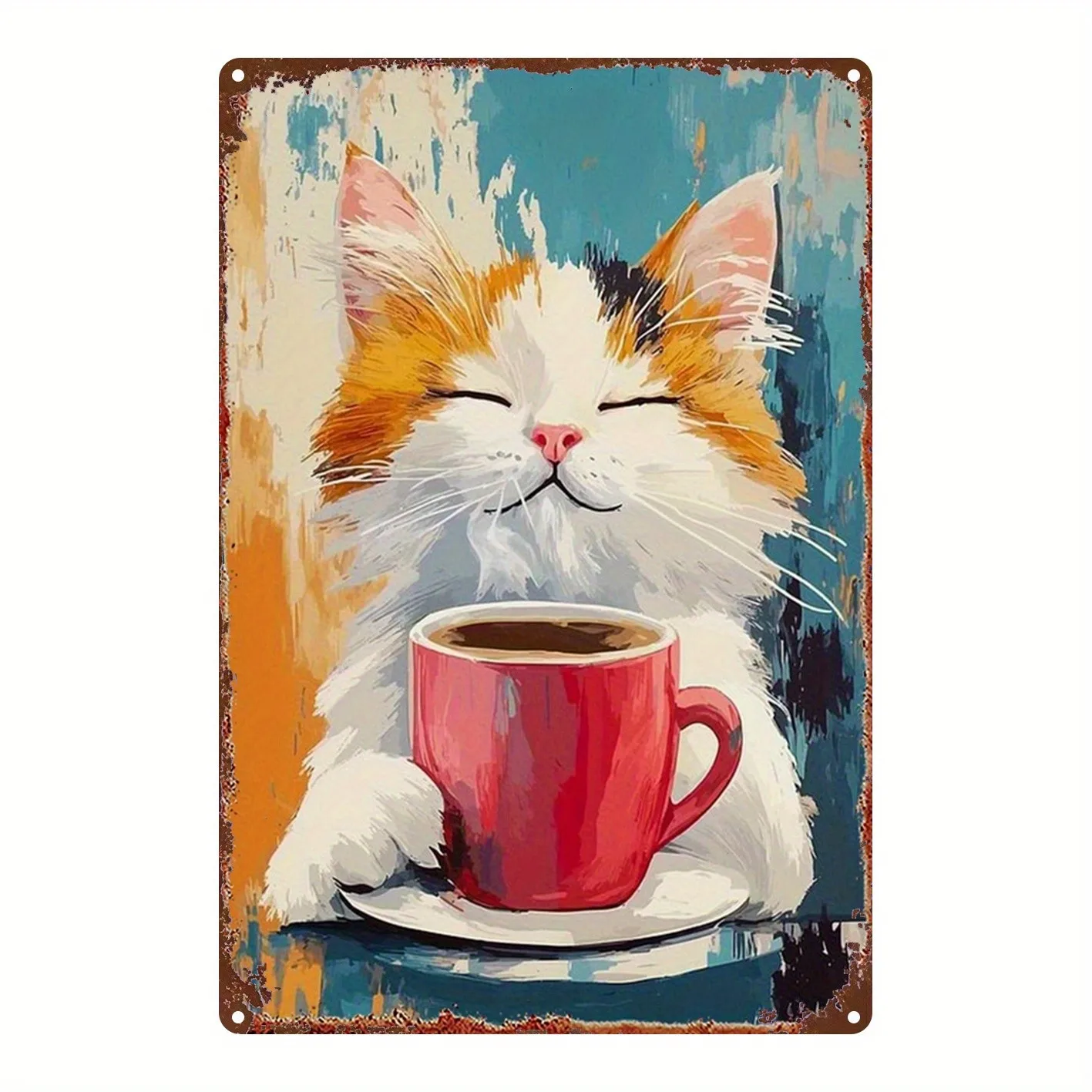 Cute Cat With Cup Metal Tin Sign 8x12 Inch Colorful Art Decor Plaque Easy Wall Hanging for Bedroom Home Theater