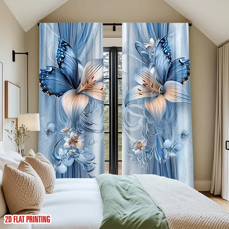 blue butterfly lily floral curtain for bedroom living room privacy and decor polyester fabric 2D flat print Without curtain rod