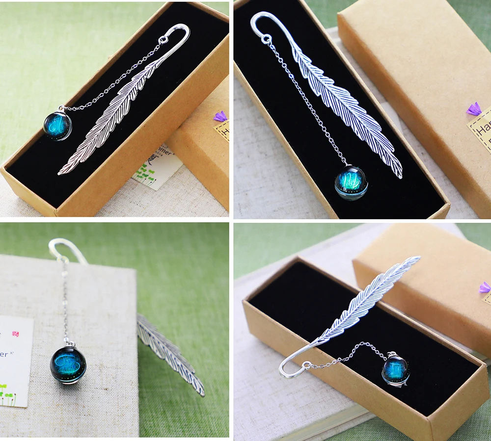 Creative Luminous Bookmark Twelve Constellation Pendant Metal Retro Leaf Pagination Bookmark with Gift Box