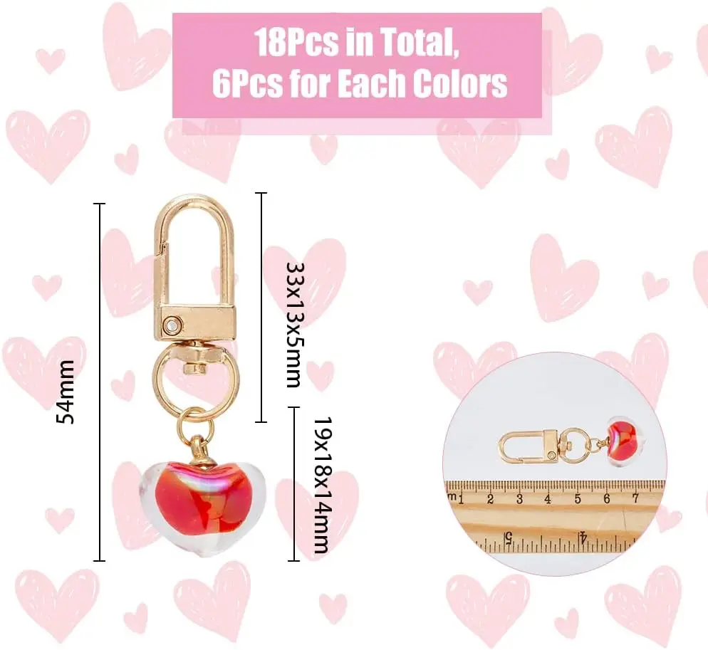 18Pcs 6Colors Heart Shape keychain Love Heart Keychain Acrylic Heart Keychain Bead in Bead Alloy Swivel Clasp