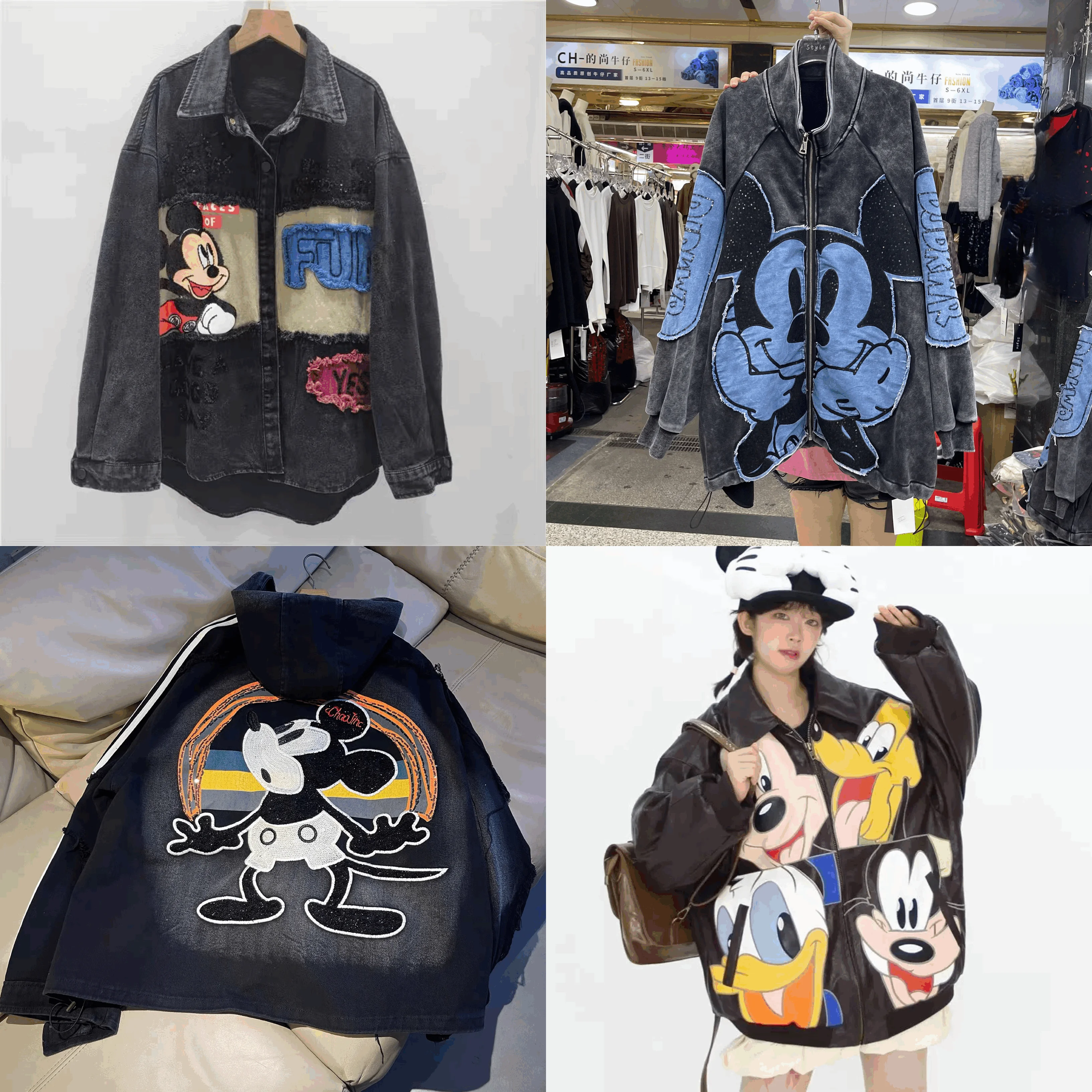 

Европейская и американская женская куртка с мультяшной наклейкой, джинсовая куртка, свободная тяжелая вышивка, контрастный цвет, потертый дизайн