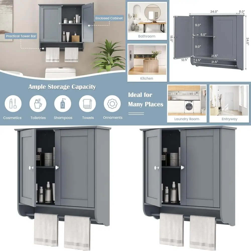 

Серый настенный шкаф с 2 дверцами, регулируемой полкой и вешалкой для полотенец для ванной, кухни и прачечной.