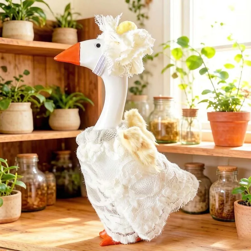 Angel White Lace Goose Costume Skirt Furry Wings Flower Headpiece for 23 Inch Lawn Goose Statue Yard Garden Wedding Decor Clothe