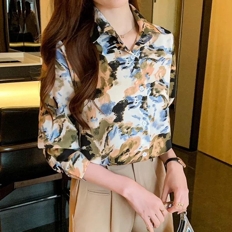 

Women's Clothing Chic Ink and Wash Print Long Sleeve Shirts Spring Autumn New French Style Turn-down Collar Button Blouse Tops