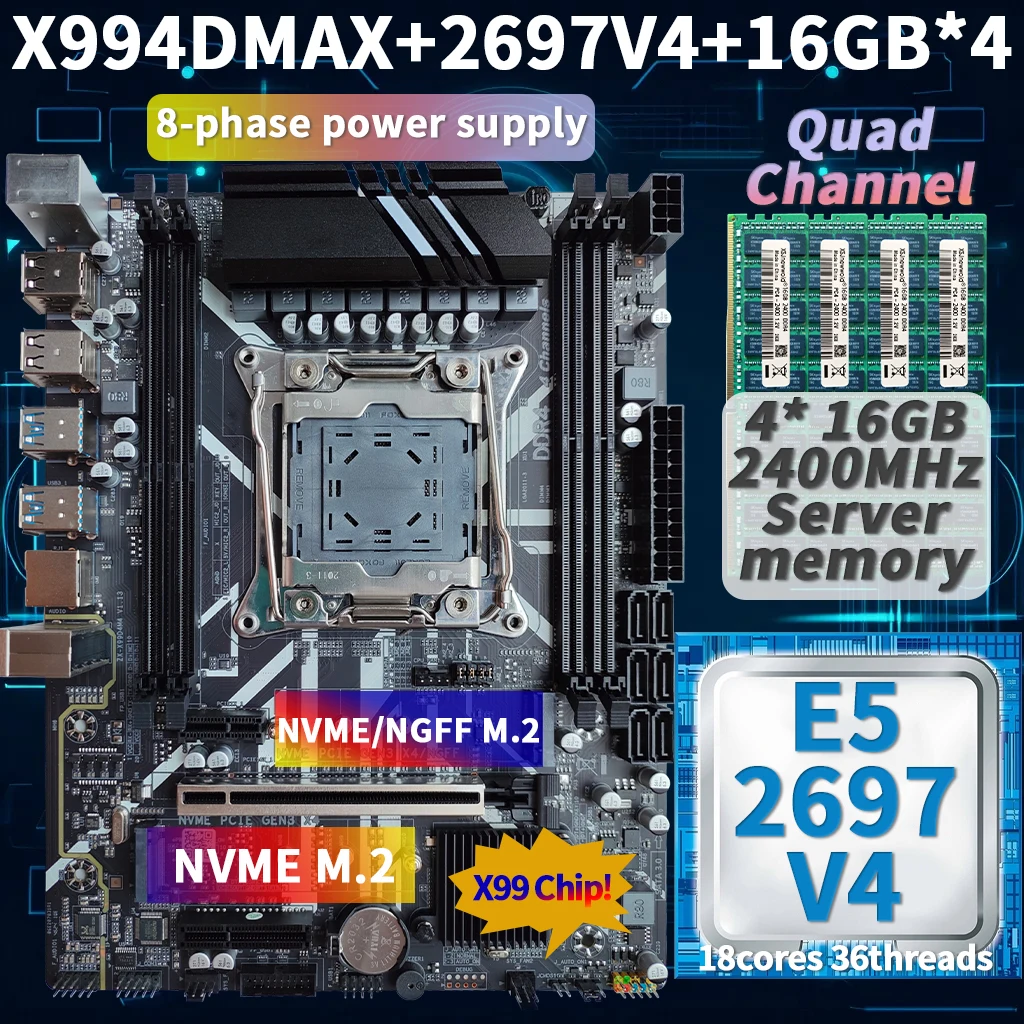 

X99 Motherboard Kit with LGA2011-3 Xeon E5 2697 V4 Processor 64GB (4x16GB) DDR4 2400MHz Quad RAM, NVME NGFF M.2 SATA3.0 USB3.0
