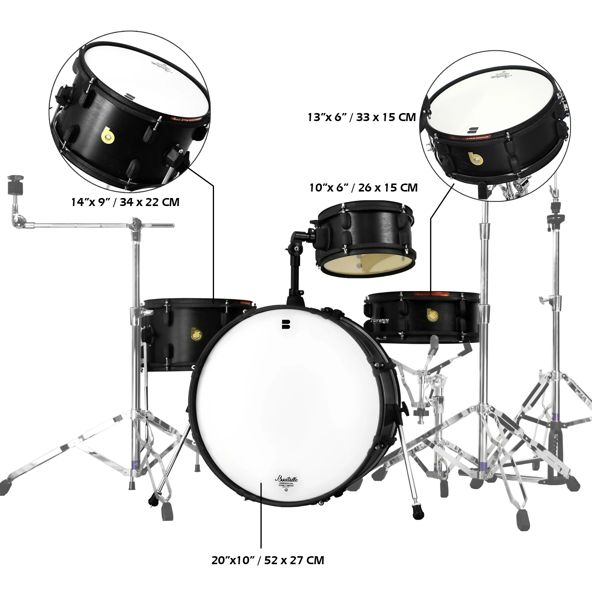 4-Piece Drum Set Kit 420 Club Cocktail Series Black Metal Percussion Instrument With Drum Chamber