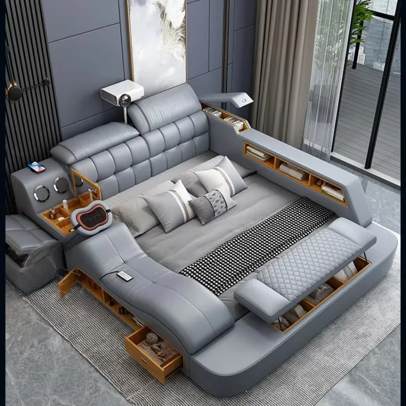 

High End Storage Aesthetic Bed Frame Modern Modular Master Leather Double Bed Frame Multifunctional Cama Casal Bedroom Furniture