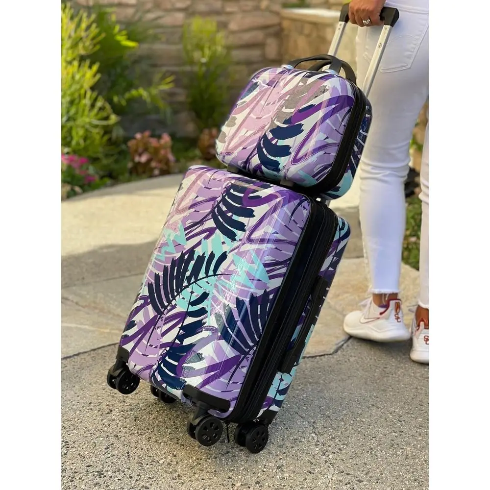 Compact Polycarbonate Spinner Luggage Set - Tropical Leaves Design for Air Travel